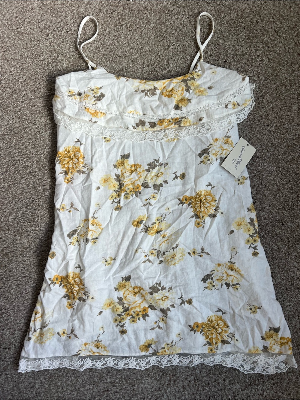 Universal Thread White Mini Dress with Yellow Floral Print and lace trim